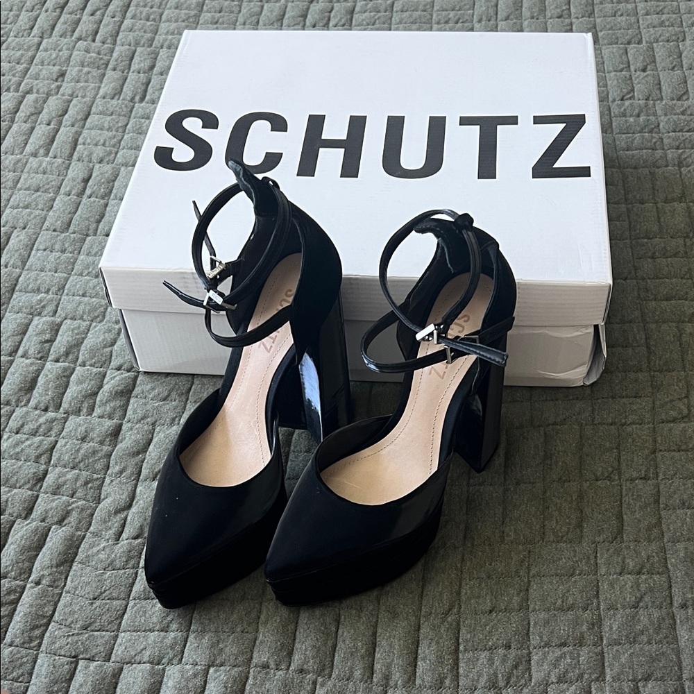 SCHUTZ Glossy Black Double Strap Platform Pointy Heels Size 5